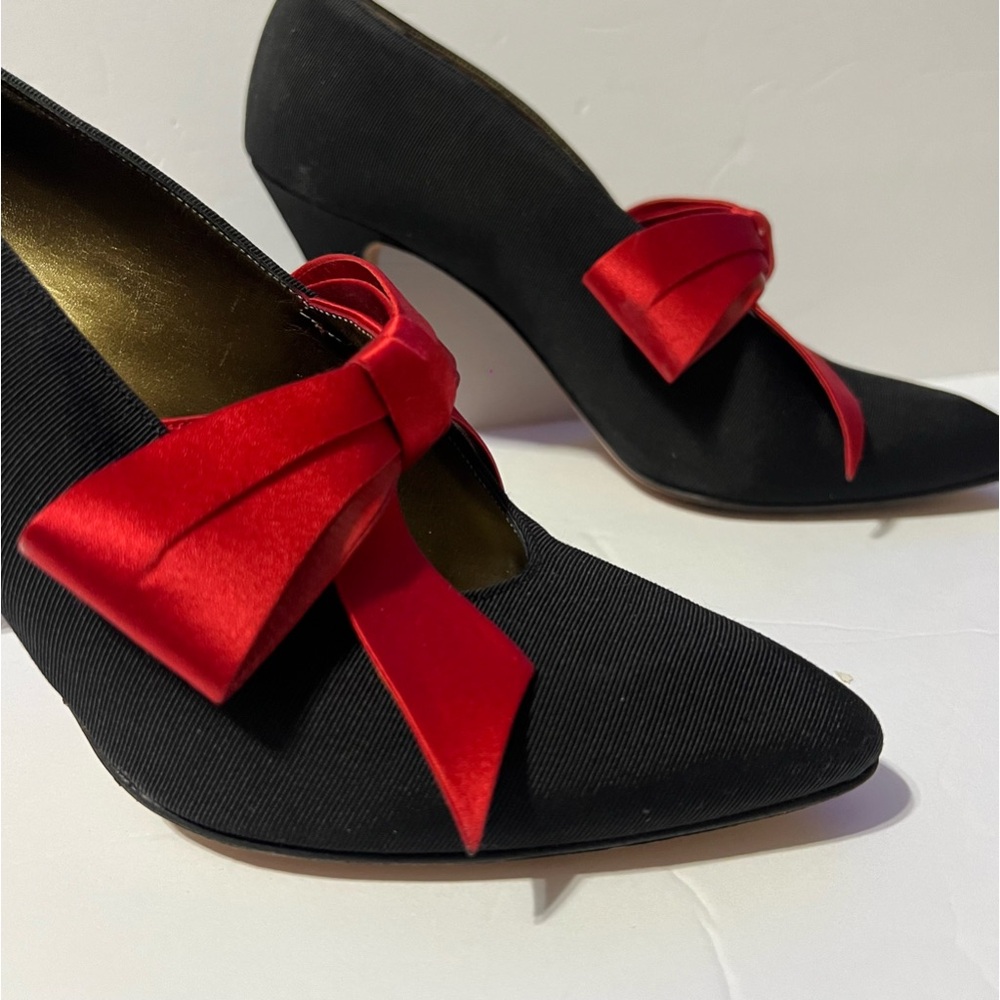 38 Yves Saint Laurent YSL Black Fabric /Leather Red Bow Pumps 8 •Vintage - Picture 6 of 15